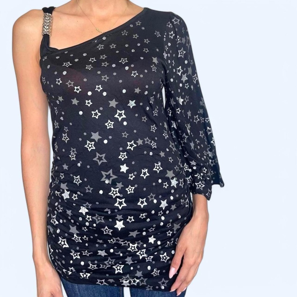 Bling bling Y2K Black  Star Patterned One-Shoulder Top
